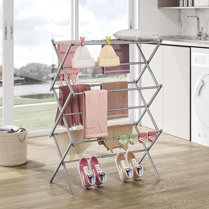 APEXCHASER Clothes Drying Rack, 3-Tier Laundry Drying Rack for Clothes, Expandable Metal Clothing Dryer, Collapsible Towel Rack, Air Drying Rack, Grey