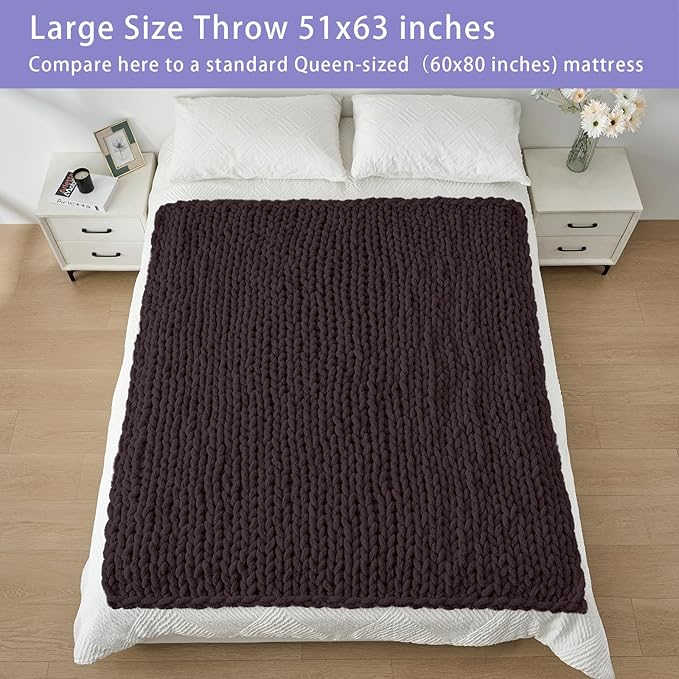 Bigacogo Chunky Knit Throw Blanket for Couch, 51x63 inches, 100% Hand Knitted with Thick Jumbo Chenille Yarn, Cozy Soft Large Rope Knot Cable Crochet Blankets for Sofa Bed Living Room, Chocolate