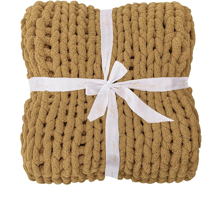 Bigacogo Chunky Knit Throw Blanket for Couch, 40x60 inches, 100% Hand Knitted with Thick Jumbo Chenille Yarn, Cozy Soft Large Rope Knot Cable Crochet Blankets for Sofa Bed Living Room, Goldenrod