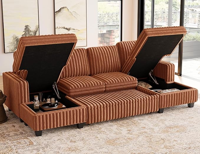 Belffin Modular Sectional Sleeper Sofa with Pull Out Couch Bed Corduroy Double Chaise with Storage Brick Red Couch