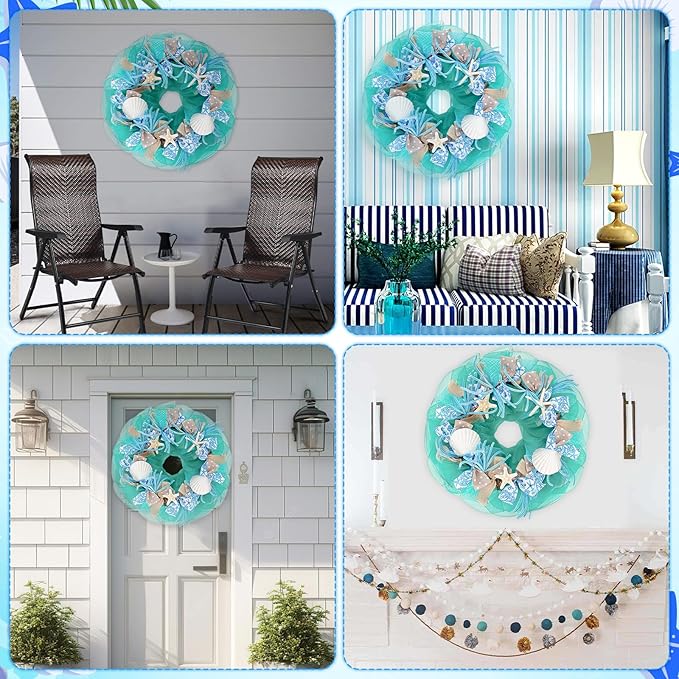 26 Inch Coastal Seashell Large Wreath with Natural Starfish & Scallops Shell, Lake Blue Beach Style Front Door Wreath with for Spring Summer, Farmhouse Rustic Indoor Outdoor Home Wall Wedding Decor