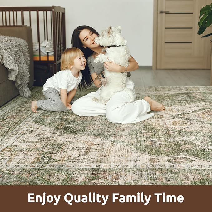 AMOAMI-2X6 Runner Rug-Washable Runners for Hallways-Soft Non Slip Bedside Rugs for Bedroom-Vintage Long Rug for Hallways Entryway Laundry Room Stair Kitchen Bathroom Olive Green