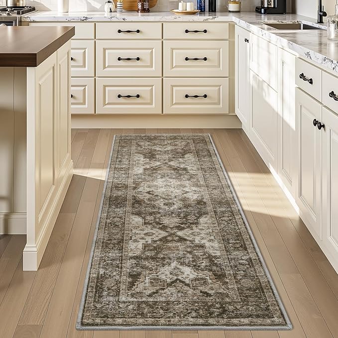 AMOAMI-2X6 Runner Rug-Washable Runners for Hallways-Soft Non Slip Bedside Rugs for Bedroom-Vintage Long Rug for Hallways Entryway Laundry Room Stair Kitchen Bathroom Light Brown/Coffee