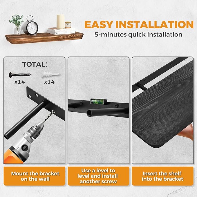 24"x6.8"x1.6" Slanted Floating Wall Shelves 2-Pack - Rustic Black Finish, Heavy-Duty Solid Wood Design with Hidden Brackets - Perfect for Living Room, Kitchen, Bathroom, or Office