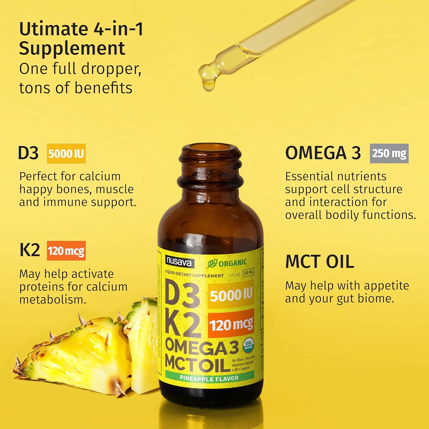 (2 Pack) Organic Vitamin D3 K2 Drops with MCT Oil Omega 3, Maximum Strength Vitamin D Liquid 5000 IU, No Fillers, Non-GMO Liquid D3 for Faster Absorption and Immune Support (Pineapple, 2 Fl Oz)