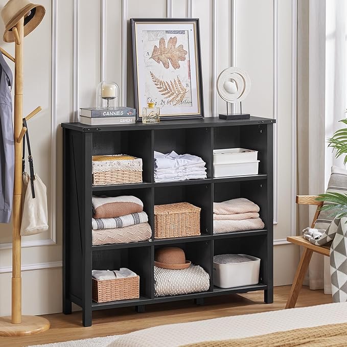 9 Cube Bookcase, Farmhouse 47 Inch Wide Black Bookshelf, Wooden 3 Tier Display Large Open Book Shelf, Vintage Horizontal Book Case for Home Office, Cubby Storage Cabinet for Living Room