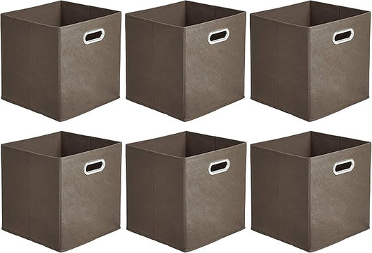 Amazon Basics Collapsible Cube Storage Organizer Bins, 6-Pack, 10.5 x 10.5 x 11 inches, Taupe