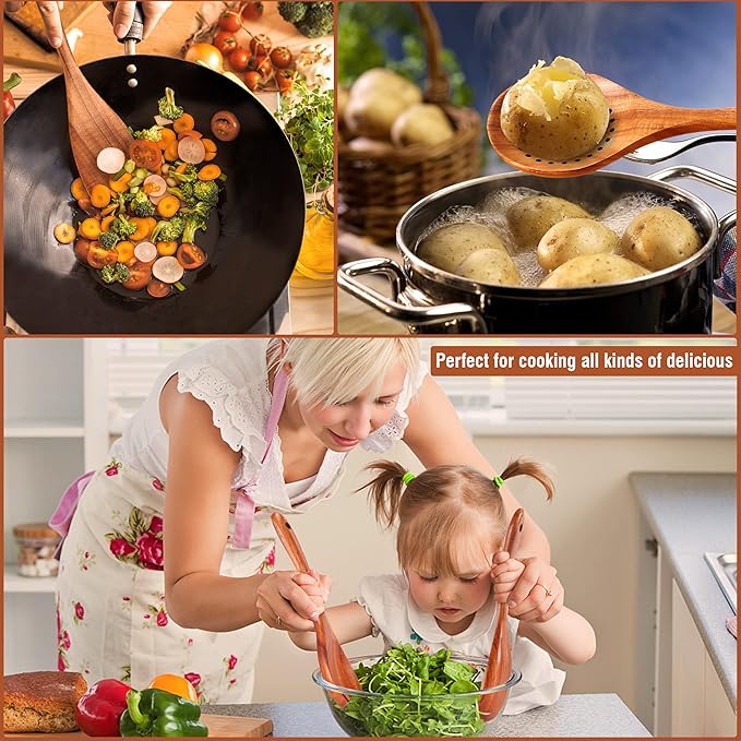 9 Piece Natural Teak Wooden Kitchen Utensil Set with Spoon Rest - Comfort Grip Cooking Spoons and Utensils Holder