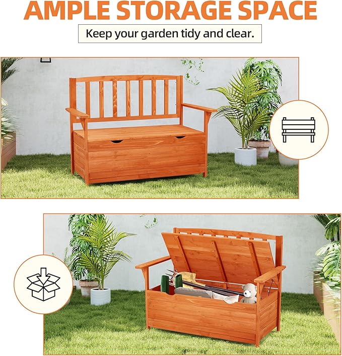 AVAWING Outdoor Storage Bench, Wooden Garden Bench Weatherproof, Patio Benches for Outside, 2-Seat Front Porch Bench, Park Bench for Deck, Lawn, Backyard(Natural)