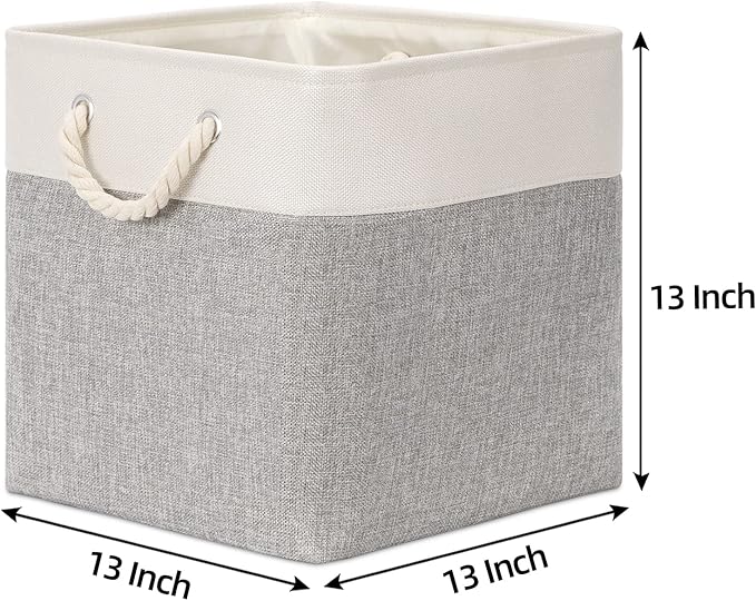 Bidtakay Fabric Basket Set - Large Square Organizer Bins, 13x13, Set of 3, White & Grey