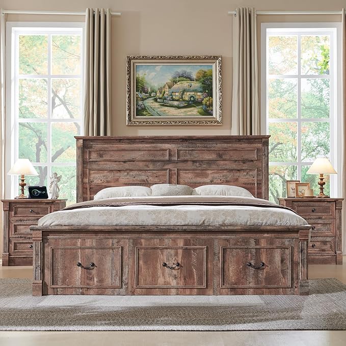 26" Tall Farmhouse Nightstand Set of 2, 3 Drawers End Table w/Charging Station, 23.6" Wide Large Side Table w/Roman Column, Wood Rustic Sofa Table for Bedroom, Light Brown