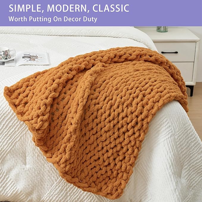 Bigacogo Chunky Knit Throw Blanket for Couch, 40x40 inches, 100% Hand Knitted with Thick Jumbo Chenille Yarn, Cozy Soft Large Rope Knot Cable Crochet Blankets for Sofa Bed Living Room, Burnt Orange