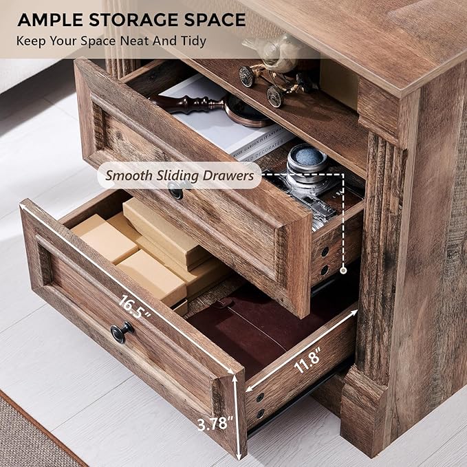 26" Tall Farmhouse Nightstand, 2 Drawers End Table w/Charging Station, 23.6" Wide Large Side Table w/Roman Column, Wood Rustic Sofa Table w/Open Shelf, Bedside Table for Bedroom, Light Brown