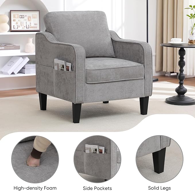 Accent Chairs Set of 2, Upholstered Living Room Chairs with Side Pockets, Mid Century Modern Reading Chair for Bedroom, Comfy Armchair Single Sofa Side Chair for Office, Small Room, Light Grey