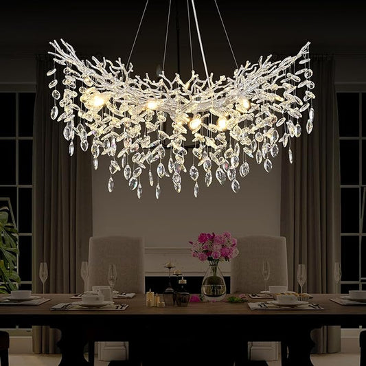 Modern Crystal Silver Chandelier, 36" Large Rectangular Oval Tree Branch Crystal Chandeliers for Dining Room,16-Light Flush Mount K9 Crystal Chandeliers, for Kitchen Island,Dining Room