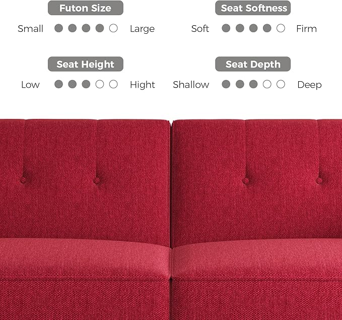 89” Futon Sofa Bed, Linen Comfy Futon Couch Bed with 2 Square Pillows, Convertible Sleeper Sofa with Adjustable Backrest& Armrests, Modern Loveseat Sleeper for Living Room, Bedroom, Red