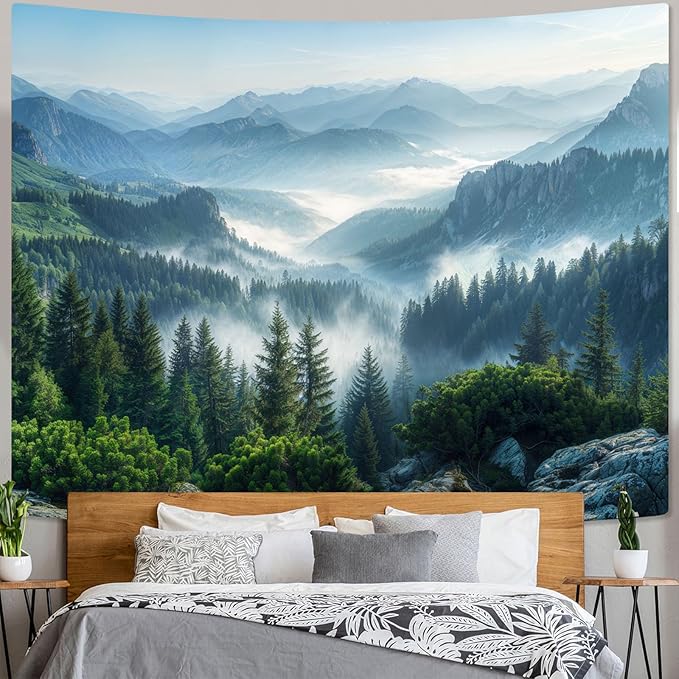 AMM Nature Forest Mountain Tapestry Green Misty Pine Tree Tapestry for Bedroom Aesthetic Foggy Woodlands Sky Landscape Tapestries Wall Hanging for Living Room Dorm 60 x 44 Inch
