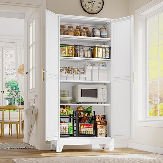 71" Tall Metal Storage Cabinet with 2 Doors and 4 Adjustable Shelves, Kitchen Pantry Cabinet White Freestanding Cupboard, 5 Tier Multifunctional Steel Storage for Office, Kitchen, Dining Room