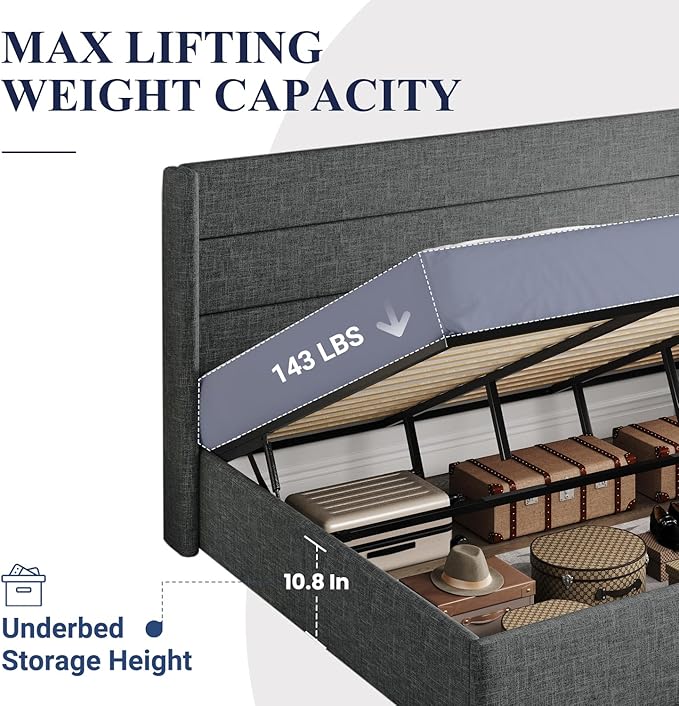 Allewie King Size Lift Up Storage Bed, Modern Wingback Headboard, Hydraulic Support, No Box Spring Needed, Dark Grey