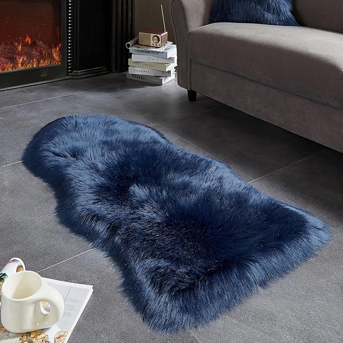 AMTOVO Faux Fur Rug, Dark Blue Area Rug, Fluffy Sheepskin Rug, Fuzzy Ultra Soft 2 x 4 ft Shag Rugs for Bedroom Sofa Throw Cushion Room Decor, Sheepskin