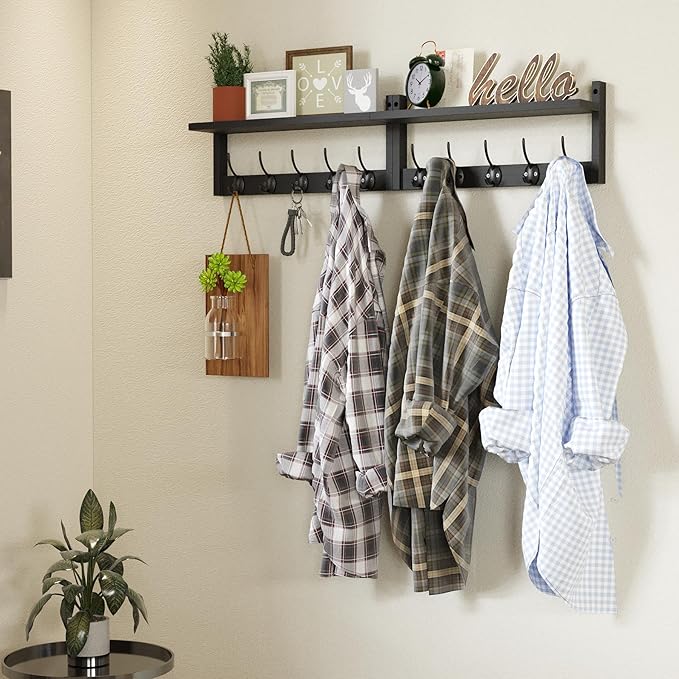 AMBIRD 34.2" Extra Long Wooden Wall Hook Rack with Shelf - Versatile and Decorative Wall-Mounted Storage with 10 Hooks for Coats, Hats, Keys, Scarves - Ideal for Entryways, Bedrooms, Closets (Black)