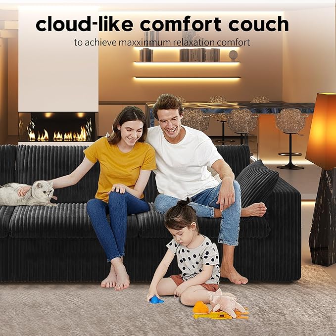 157.5" 4-Seater Cloud Sofa,Modular Sectional Couch,Modern Deep Seat Upholstered Couches with Plush Corduroy Fabric for Living Room Furniture,Bedroom and Apartment,No Assembly Required,Black