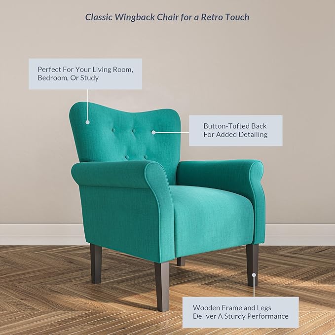 BELLEZE Modern Accent Chair for Living Room, High Back Armchair with Wooden Legs, Upholstered Wingback Chair Padded Armrest Single Sofa Club Chair for Living Room, Bedroom - Allston (Mallard Teal)