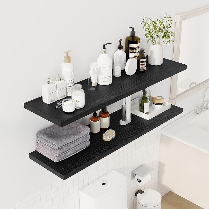48" Floating Shelves for Wall, 12" Deep Slim Black Floating Shelves, Wall-Mounted Shelves for Bedroom, Living Room, Kitchen, Bathroom - Set of 2