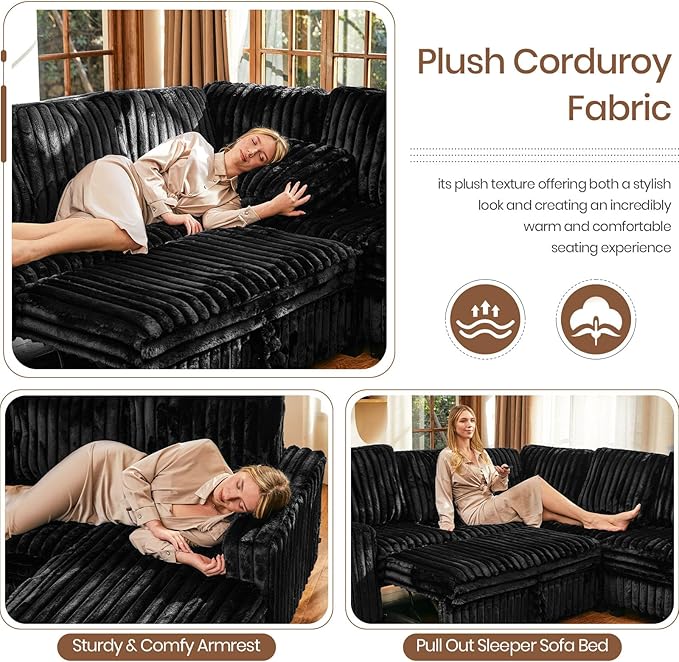 Belffin Modular Sectional Sleeper Sofa with Pull Out Couch Bed Corduroy Double Chaise with Storage Black Couch