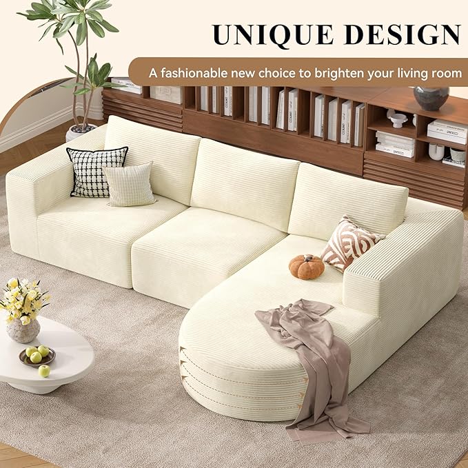 Modular Sectional Sofa with L-Shape Chaise,Cloud Sectional Modern Sleeper Couch with Deep Seat,Sponge Compression Sofas No Assembly Required(Beige-Corduroy Fabric) 1PCS