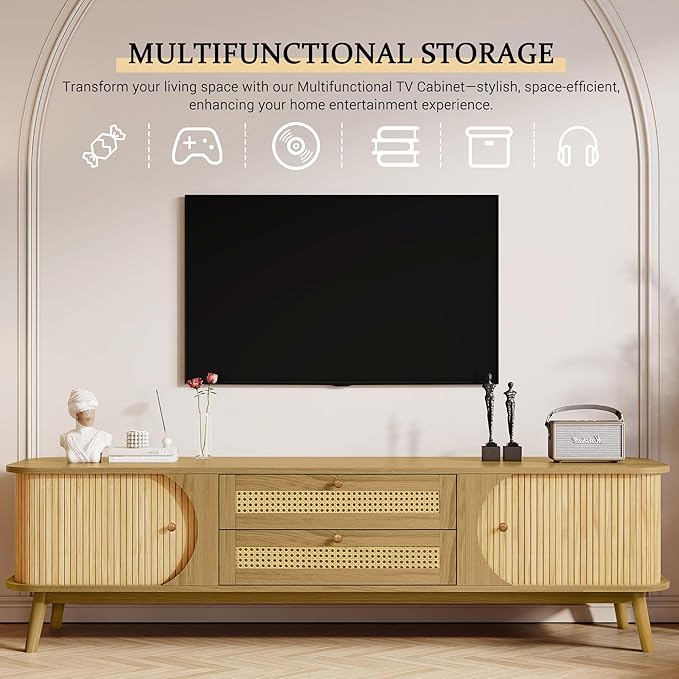 Merax Modern Fluted TV Stand for 75" TVs, Mid-Century Entertainment Center Tambour Door Media Console TV Cabinet with Rattan-Front Drawer for Living Room, Curved Profile Design