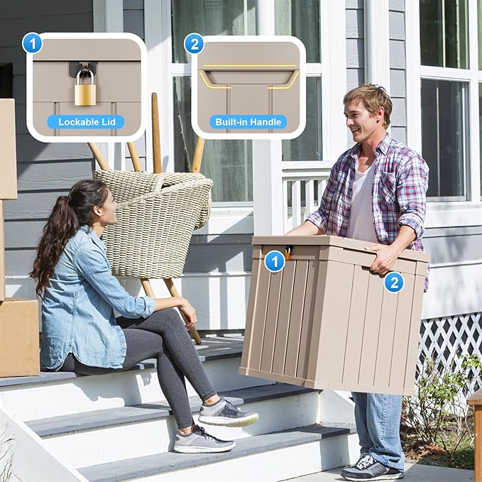 50 Gallon Deck Box Large Outdoor Storage for Patio Furniture,Outdoor Cushions,Garden Tools and Pool Supplies,Waterproof,Resin,Lockable(Grey)