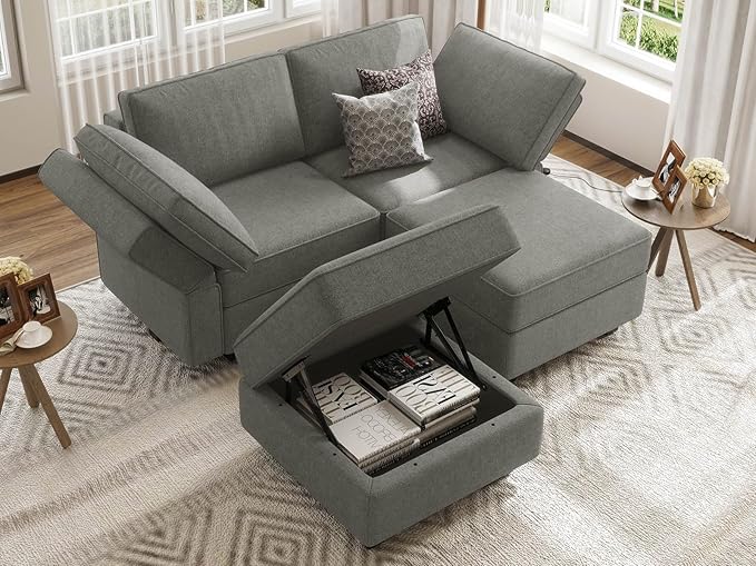 Bellfin Modular Sectional Sleeper Sofa Convertible Sofas with Storage Ottomans Small Sectional Couches for Living Room. Light Grey Couch
