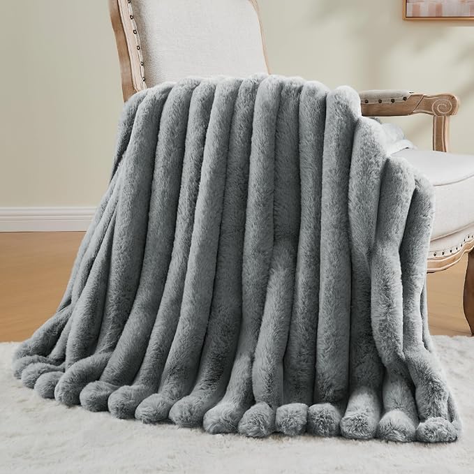 BEDELITE Faux Fur Throw Blanket for Couch, Soft and Cozy Luxurious 3D Striped Fluffy Blanket, 770GSM Thick Warm Plush Fuzzy Faux Rabbit Fur Blanket for Women Gift (Crey, 60"x 80")