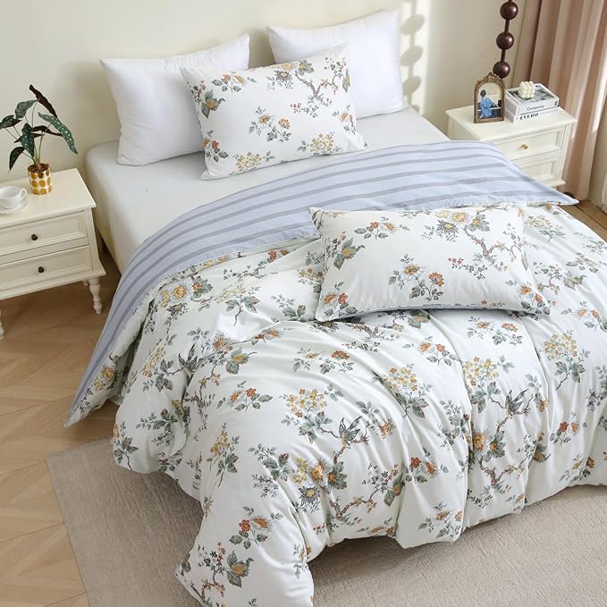 ABREEZE Floral Duvet Cover Queen Size Set Bird Flowers Bedding Set 100% Brushed Cotton Bedding Collection 1 Duvet Cover with 2 Pillowcases White