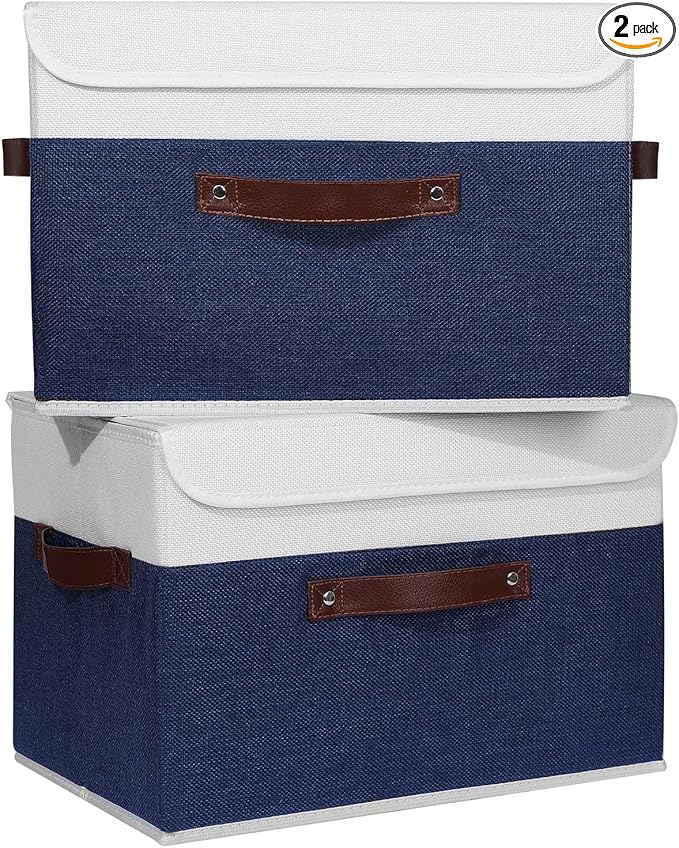ANMINY 2PCS Storage Boxes with Lid Washable Decorative Storage Bin Basket with PU Leather Handle Foldable Linen Fabric Storage Cube Container for Home Closet Organizer - Deep Blue White, Large Size