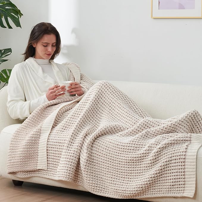Amélie Home Chenille Waffle Throw Blanket for Couch, Reversible Pineapple Stitch Knit Soft Cozy Knit Blanket Lightweight Warm Decorative Throw for Sofa, Bed, Living Room, 60"x80", Beige&Ivory