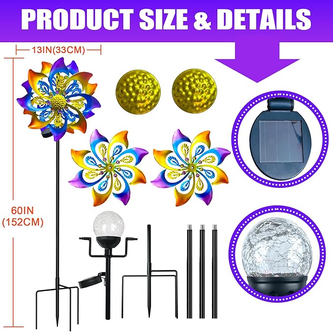 60 Inch Solar Wind Spinner Outdoor - Double-Sided Rotating Colorful Kinetic Wind Spinners for Garden, Yard Decorations Outdoor,Metal Wind Sculptures & Spinners, Wind Art