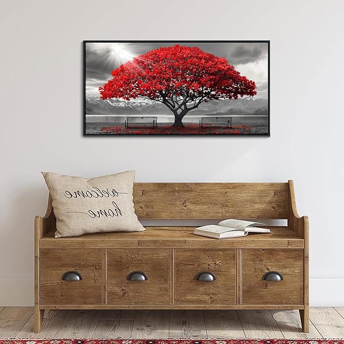 AJAZIKO Red Wall Art - Modern Framed Wall Art for Living Room - Red Tree Black and White Landscape Canvas Prints Posters & Prints for Home Office Bedroom Decorations - Large Wall Pictures 20×40IN