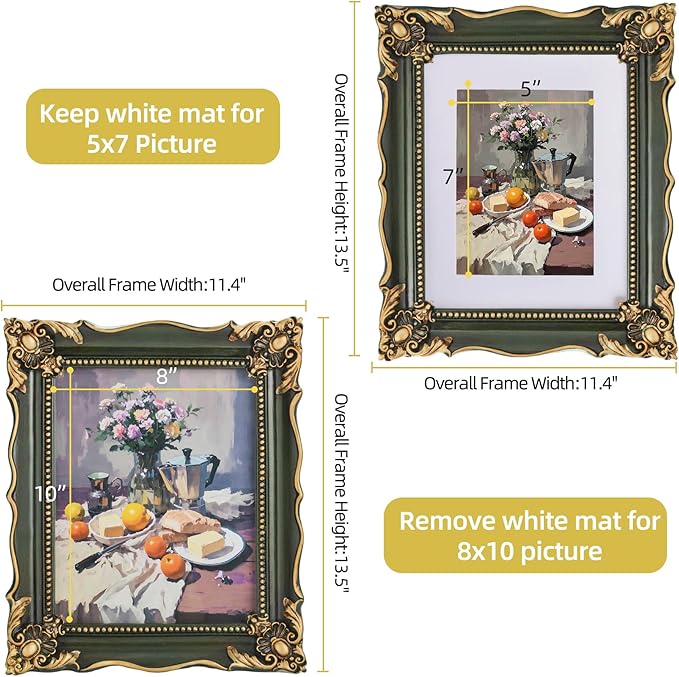 8x10 Vintage Picture Frame with Embossed Flower Design, Green Ornate Frame for 8x10 or 5x7 Pictures with White Mat, Hand-Crafted Resin Antique Frames for Tabletop & Wall Hanging, Home Decor (Green )