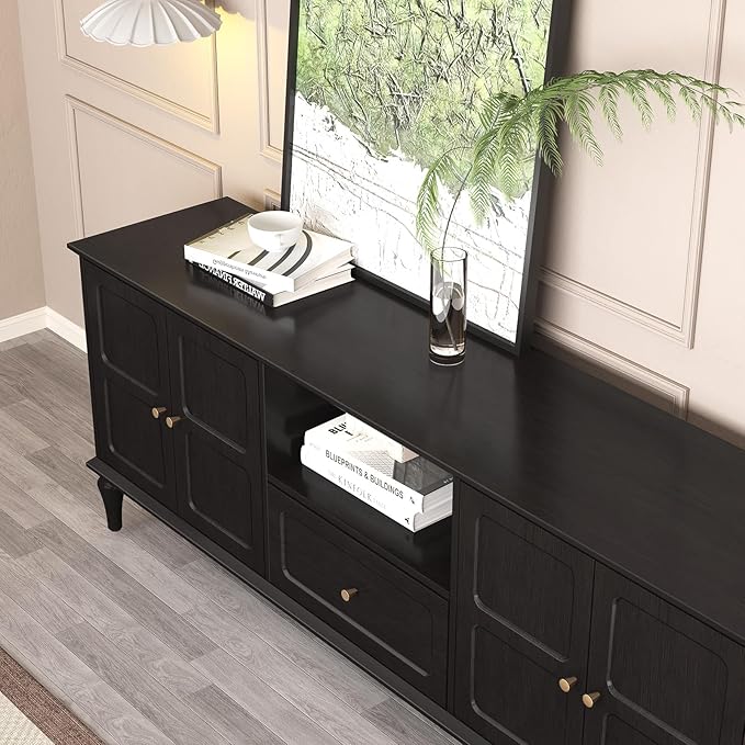 ARTPOWER 67'' Mid-Century Modern TV Stand with Storage Drawer and Doors, Long TV Stand with Adjustable Shelves for 75 Inch TV for Living Room, Bedroom, Black