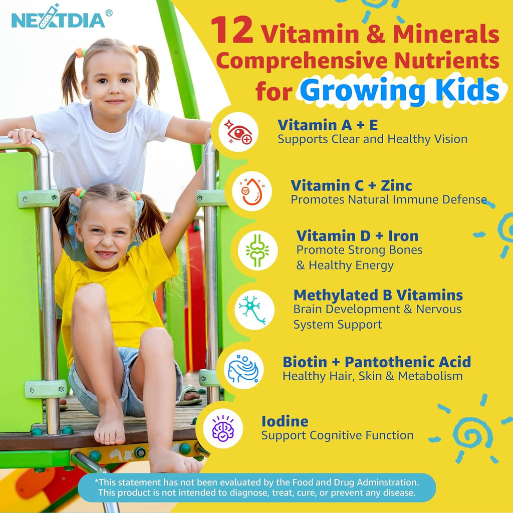 (2 Pack) Kids Multivitamin Gummies with Iron, Sugar Free, Kids Daily Vitamins + Probiotics, Algae Omega 3 (EPA/DHA), A, C, D, Methyl B12, Folate, B6, Zinc, Biotin, for Healthy Growth, Immune Support
