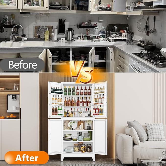 74.8" Tall Metal Food Cabinet, White Kitchen Pantry Cabinet, Storage Cabinets with 4 Door and 4 Adjustable Shelves, Steel Freestanding Cupboard for Kitchen Dining Room Living Room Bathroom