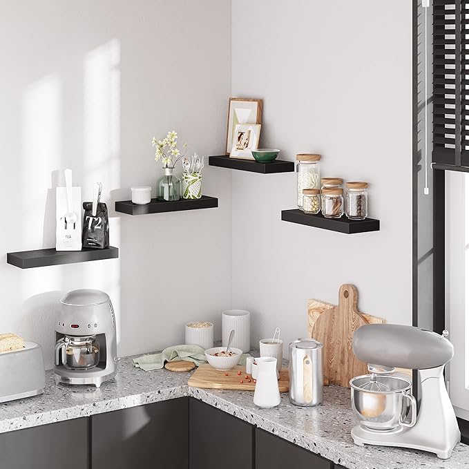 BAMEOS Floating Shelves, Black Wall Mounted Wooden Shelves with Invisible Brackets Set of 2, Hanging Wall Shelves Decoration for Bedroom, Bathroom, Living Room and Kitchen