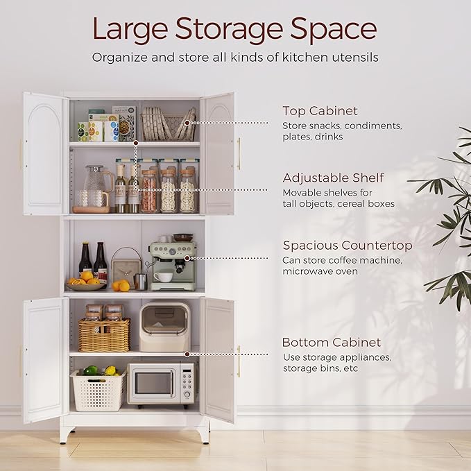 75" Tall Kitchen Pantry Storage Cabinet, Metal Storage Cabinets with 4 Doors and Adjustable Shelves，White Kitchen Hutch Cabinet with Microwave Stand, Large Cupboard for Dining Living Room