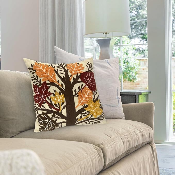 Alysheer Embroidered Fall Decorative Throw Pillow Cover 18"x 18", Boho Farmhouse Cottage Tufted Embroidery Pattern Cotton Canvas Orange Cushion Case for Sofa Couch Bed Living Room Decor(Maple Leaves)