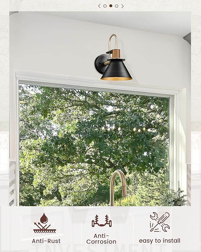 Modern Wall Sconces Set of Two, HWH Industrial Sconce Wall Lighting 1-Light, Gooseneck Barn Wall Vanity Light for Bedroom Kitchen, Hammered Metal Shade, Black and Gold Finish, 5HZG74B-2L BK+BG