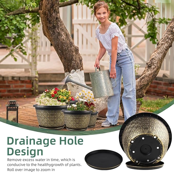 4 Pack 16 Inch Planter,Large Plastic Flower Pots Outdoor Indoor with Drainage Holes & Trays, Retro Antique Imitation Decorative Garden Plant Pots Outdoor for Houseplants