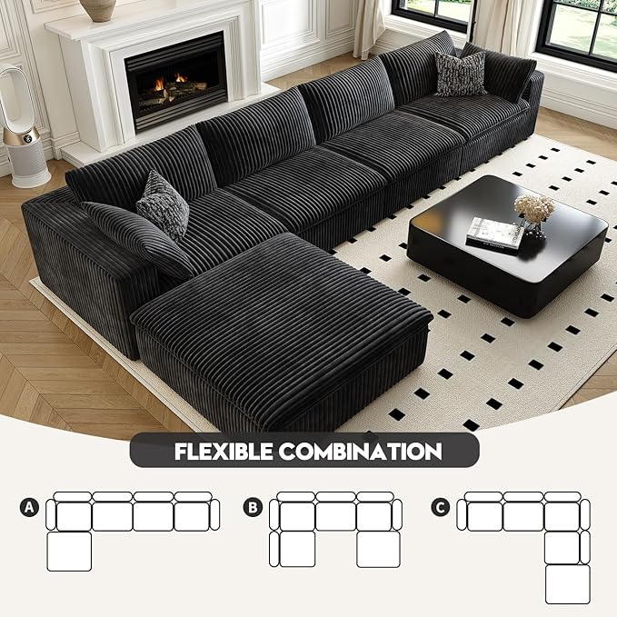 157.5" Cloud Couch Modular Sectional Sofa for Living Room,Modern Sofa with Deep Seat，L-Shape Boneless Couch with Ottoman,Comfy Upholstered Corduroy Couches for Apartment, Studio, Office,Bedroom，Black