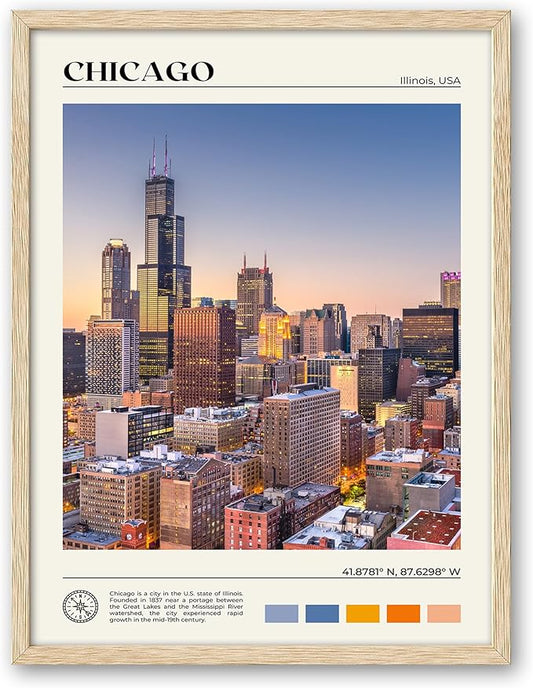 HesenDot Natural OAK Wood Chicago Cityscape Framed Wall Art,12x16in City Skyline Canvas Wall Print,Modern Urban Landmark Wall Decor for Living Room,Bedroom,Office Gallery Gifts Set of 1